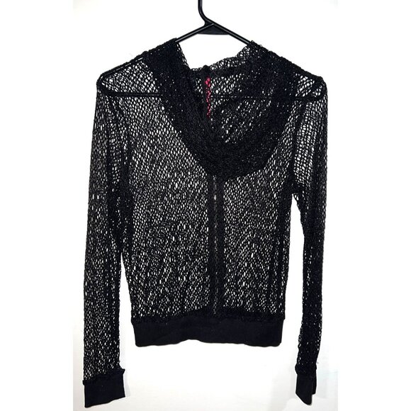 7 Til Midnight Black See-Through Knit Zipper Mesh Sweater with Hood For Women S - Picture 2 of 3